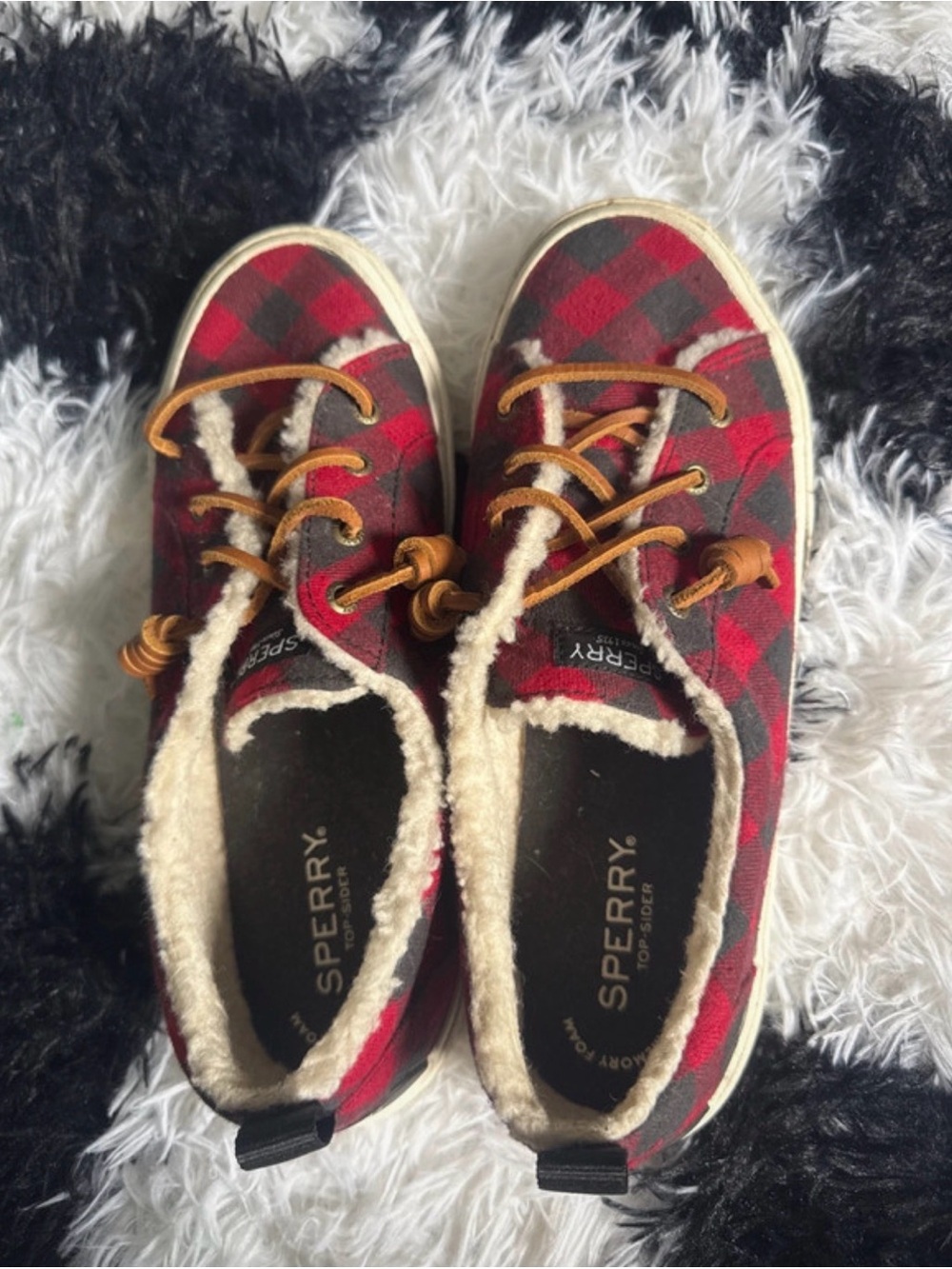 Sperry Red & Black Plaid Sherpa-Lined Sneakers, Size 8